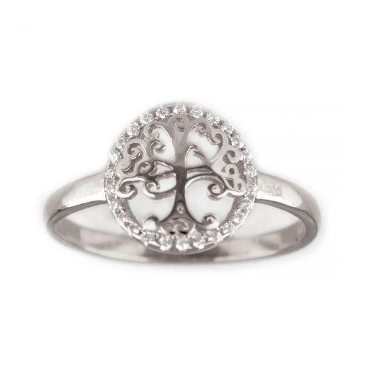 925 Sterling Silver rhodium plated ring with cubic zirconia and a 11mm tree of life