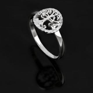 925 Sterling Silver rhodium plated ring with cubic zirconia and a 11mm tree of life - 