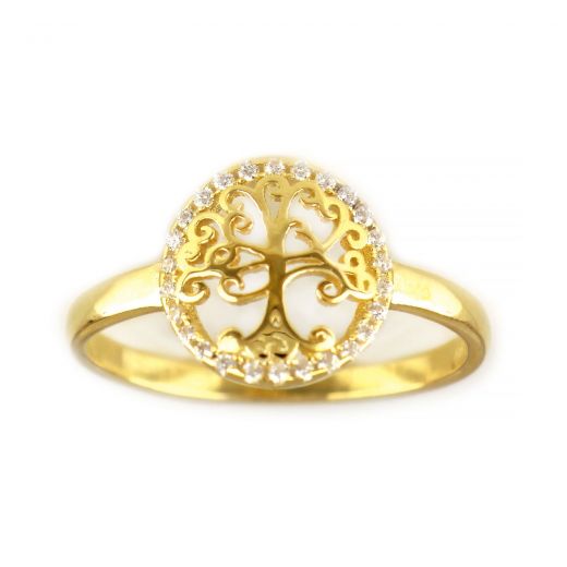 925 Sterling Silver gold plated ring with cubic zirconia and a tree of life