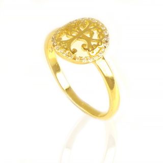 925 Sterling Silver gold plated ring with cubic zirconia and a tree of life - 