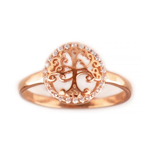 925 Sterling Silver rose gold plated ring with cubic zirconia and a 11mm tree of life