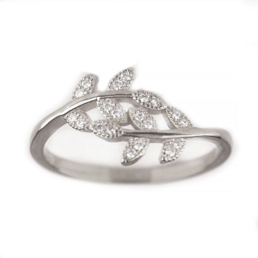 925 Sterling Silver rhodium plated ring with cubic zirconia and leaves