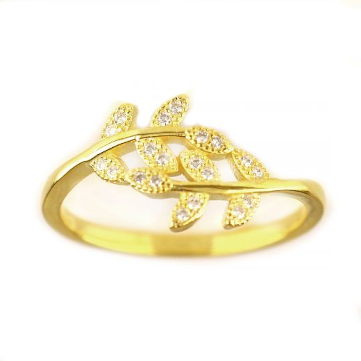 925 Sterling Silver gold plated ring with cubic zirconia and leaves design