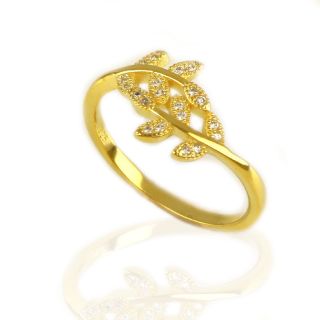 925 Sterling Silver gold plated ring with cubic zirconia and leaves design - 