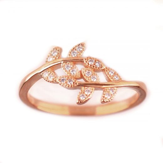925 Sterling Silver rose gold plated ring with cubic zirconia and leaves