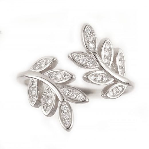 925 Sterling Silver rhodium plated ring with cubic zirconia and elegant leaves