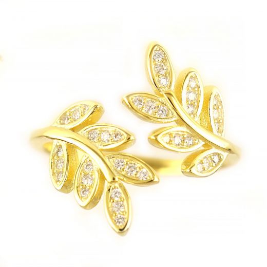925 Sterling Silver gold plated ring with cubic zirconia and leaves design