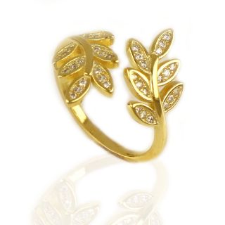 925 Sterling Silver gold plated ring with cubic zirconia and leaves design - 
