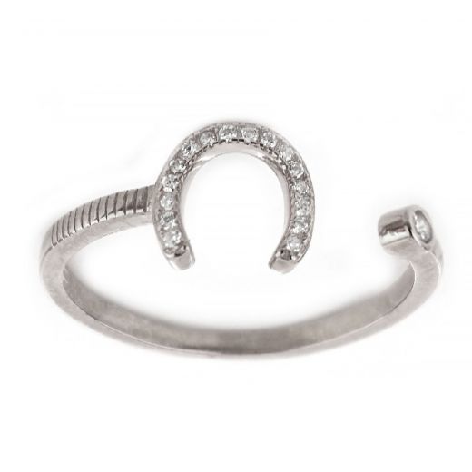 925 Sterling Silver rhodium plated ring with horseshoe design and cubic zirconia