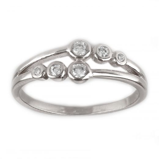 925 Sterling Silver rhodium plated ring with six white cubic zirconia