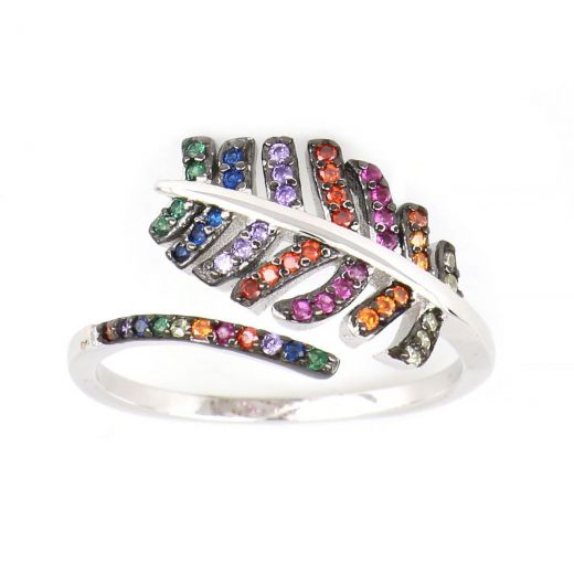 925 Sterling Silver rhodium plated ring with leaf design and multicolored cubic zirconia!