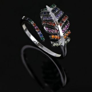 925 Sterling Silver rhodium plated ring with leaf design and multicolored cubic zirconia! - 