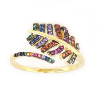 925 Sterling Silver gold plated ring with leaf design and multicolored cubic zirconia - 