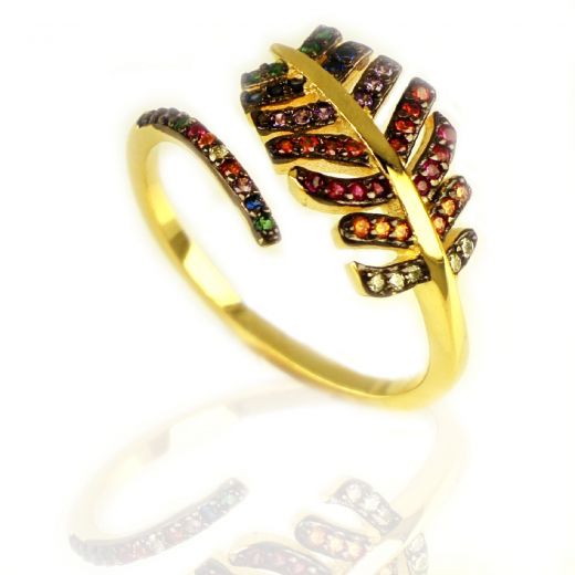 925 Sterling Silver gold plated ring with leaf design and multicolored cubic zirconia