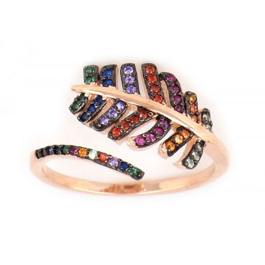 925 Sterling Silver rose gold plated ring with leaf design and multicolored cubic zirconia