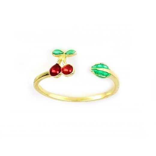 925 Sterling Silver gold plated ring with a red cherry design
