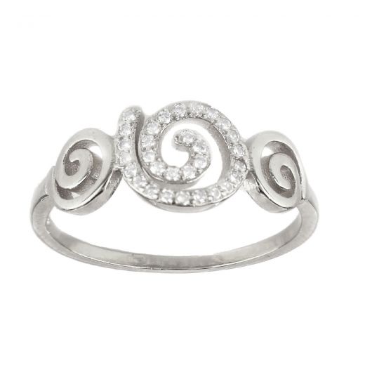 925 Sterling Silver rhodium plated ring with cubic zirconia and spiral design