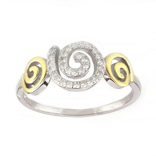 925 Sterling Silver two colored ring with cubic zirconia and a spiral