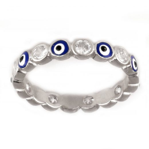 925 Sterling Silver rhodium plated ring with cubic zirconia and an evil eye