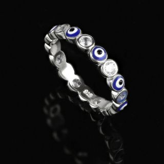 925 Sterling Silver rhodium plated ring with cubic zirconia and an evil eye - 