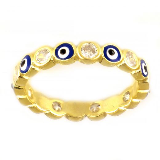 925 Sterling Silver gold plated ring with cubic zirconia and an evil eye