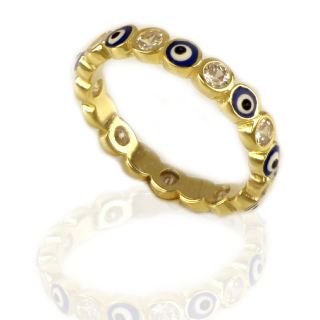 925 Sterling Silver gold plated ring with cubic zirconia and an evil eye - 
