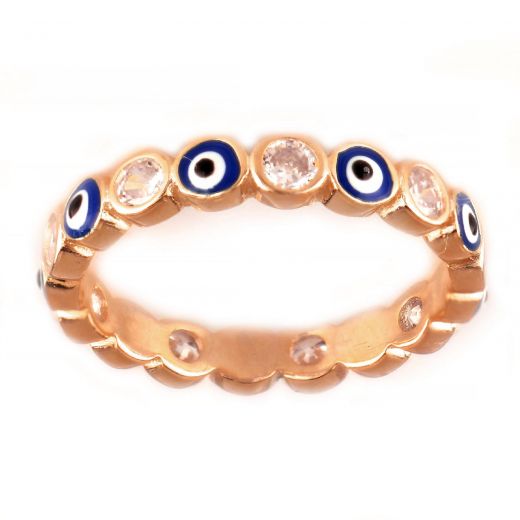 925 Sterling Silver rose gold plated ring with cubic zirconia and an evil eye