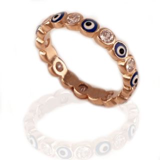 925 Sterling Silver rose gold plated ring with cubic zirconia and an evil eye - 