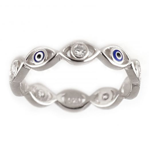 925 Sterling Silver rhodium plated ring with cubic zirconia and an evil eye