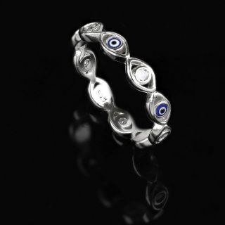 925 Sterling Silver rhodium plated ring with cubic zirconia and an evil eye - 