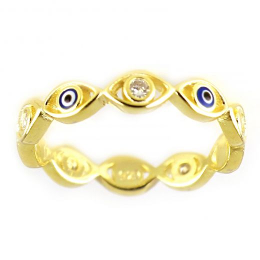 925 Sterling Silver gold plated ring with a unique design, cubic zirconia and an evil eye