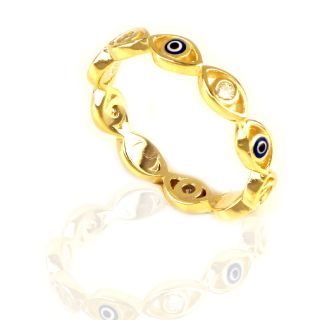 925 Sterling Silver gold plated ring with a unique design, cubic zirconia and an evil eye - 