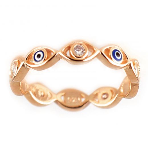 925 Sterling Silver rose gold plated ring with white cubic zirconia and evil eyes