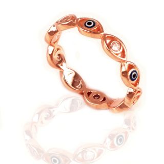 925 Sterling Silver rose gold plated ring with white cubic zirconia and evil eyes - 