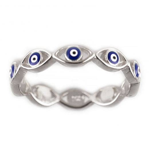 925 Sterling Silver rhodium plated ring with elegant design and evil eyes