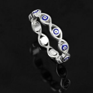 925 Sterling Silver rhodium plated ring with elegant design and evil eyes - 