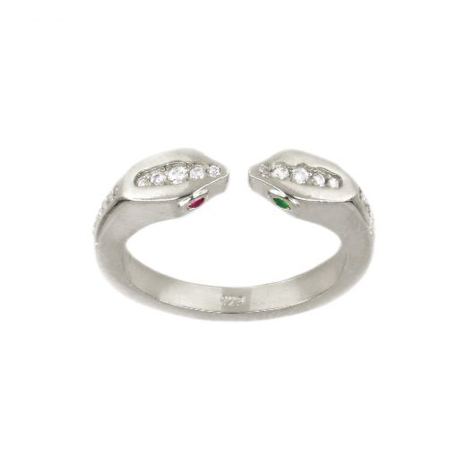 925 Sterling Silver rhodium plated ring snakes looking at each other with multicolor zirconia SNAKES COLLECTION