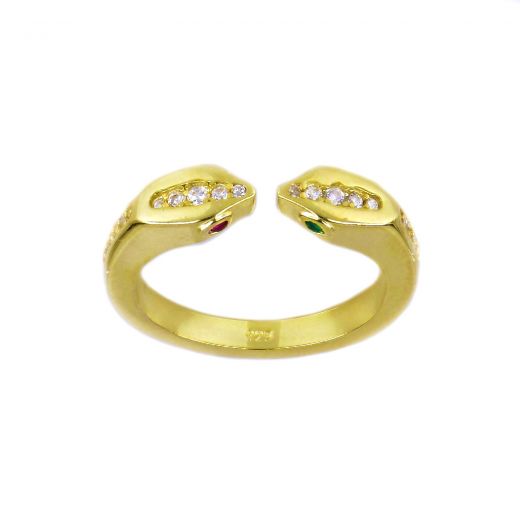 925 Sterling Silver gold plated ring snakes looking at each other with multicolor zirconia SNAKES COLLECTION