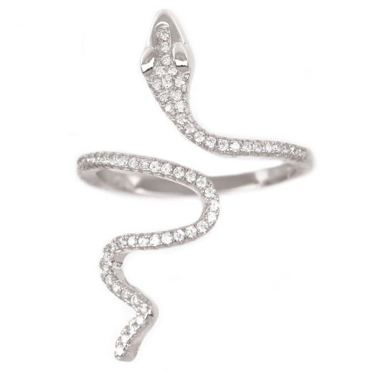 925 Sterling Silver rhodium plated ring twisted snake with cubic zirconia SNAKES COLLECTION