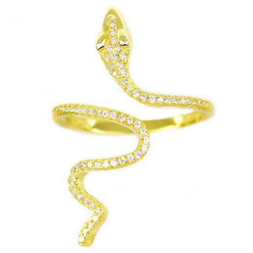 Ασημένιο δακτυλίδι επίχρυσο στριφτό φίδι με ζιργκόν συλλογής ΦΙΔΙΑ