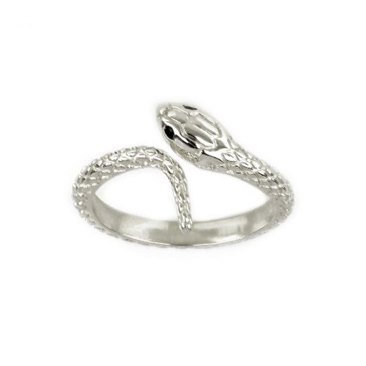 925 Sterling Silver rhodium plated ring snake with embossed scales and black cubic zirconia in the eyes SNAKES COLLECTION
