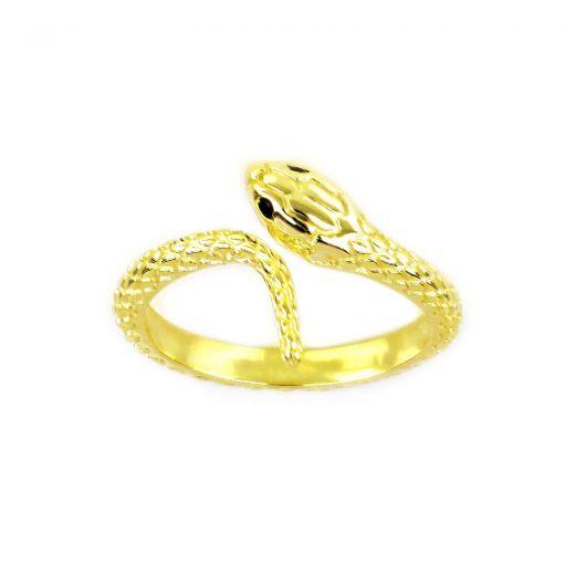925 Sterling Silver gold plated ring snake with embossed scales and black cubic zirconia in the eyes  SNAKES COLLECTION