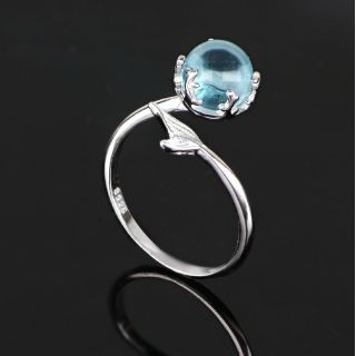 925 Sterling Silver rhodium plated ring dolphin with crystal ball - 