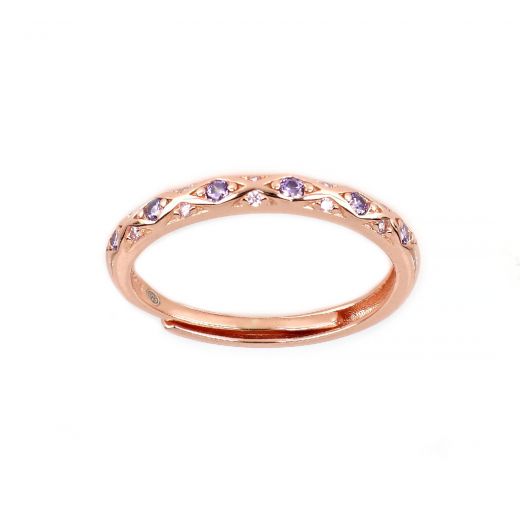 925 Sterling Silver rose gold plated ring with purple and white cubic zirconia