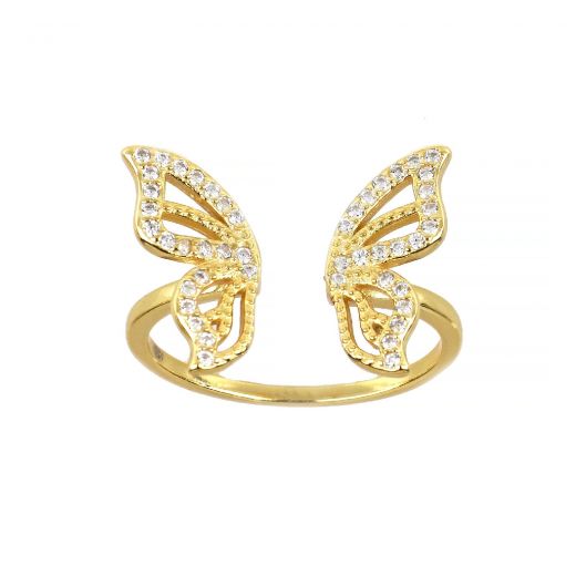 925 Sterling Silver gold plated ring with butterfly design and white cubic zirconia