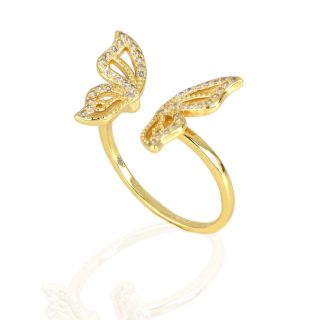 925 Sterling Silver gold plated ring with butterfly design and white cubic zirconia - 