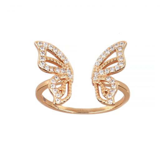 925 Sterling Silver rose gold plated ring with butterfly design and white cubic zirconia
