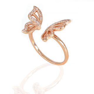 Ασημένιο δαχτυλίδι με ροζ επιχρύσωμα σχέδιο πεταλούδα και λευκά ζιργκόν - 
