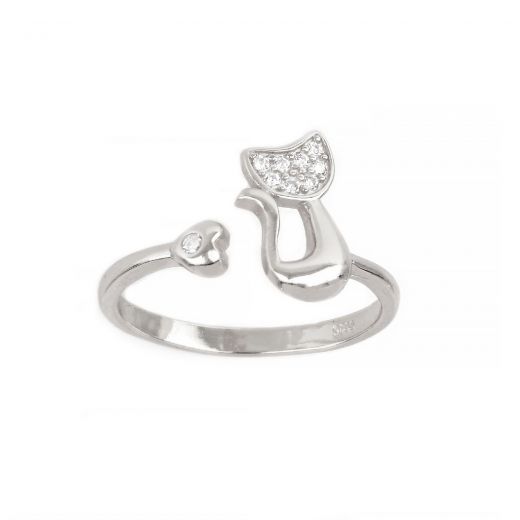 Ασημένιο δαχτυλίδι με σχέδιο γάτα, καρδούλα και λευκά ζιργκόν