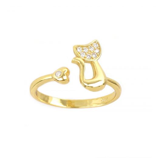Ασημένιο δαχτυλίδι επίχρυσο με σχέδιο γάτα, καρδούλα και λευκά ζιργκόν